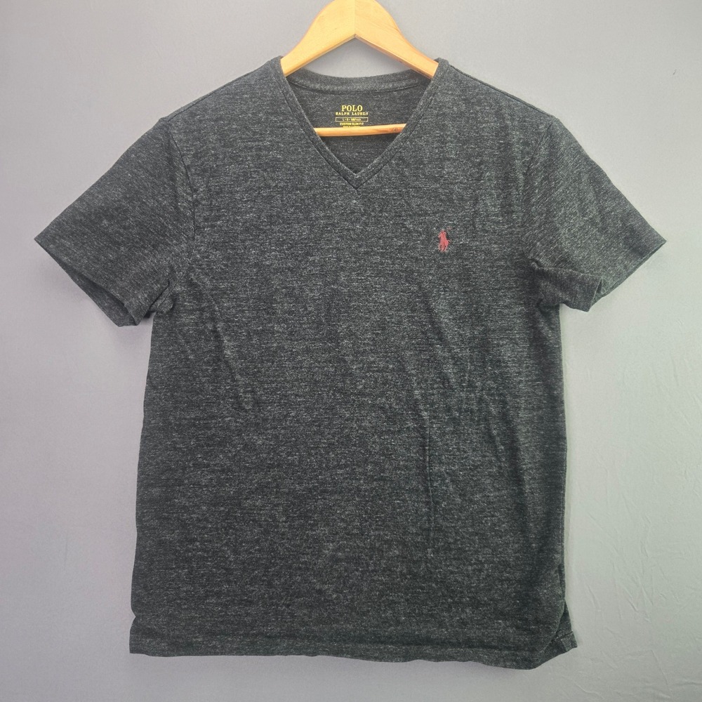 Polo Ralph Lauren T-Shirt Custom Slim Fit Large Grey V-Neck Red Pony Logo Tee
